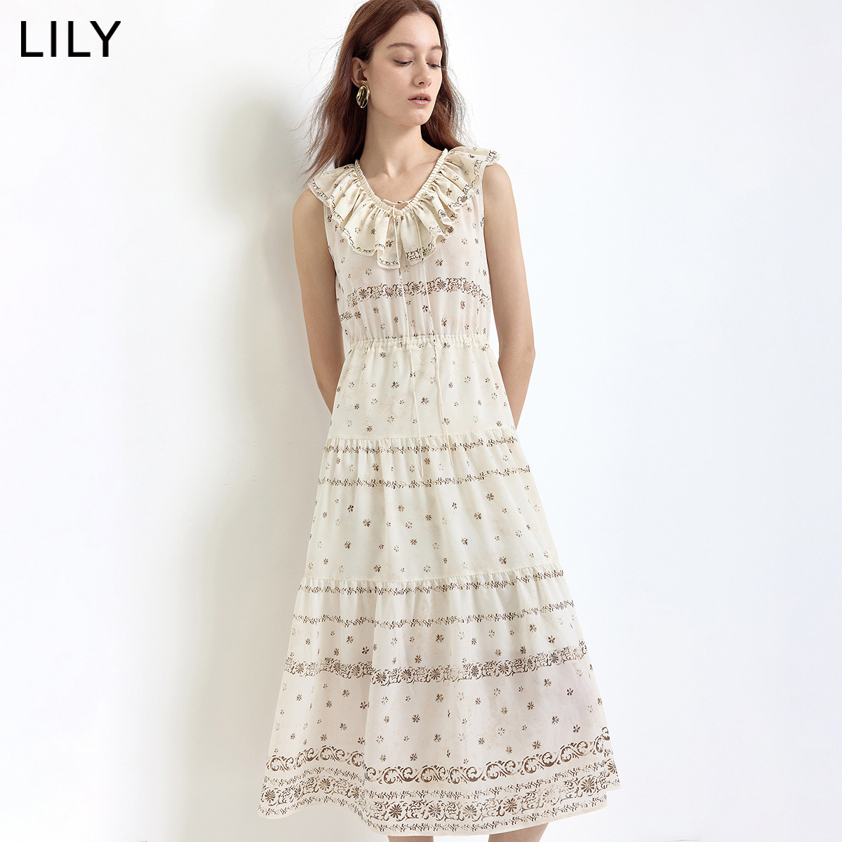 LILY2026夏新款复古撞色印花V领荷叶边垂感气质通勤连衣裙女长裙