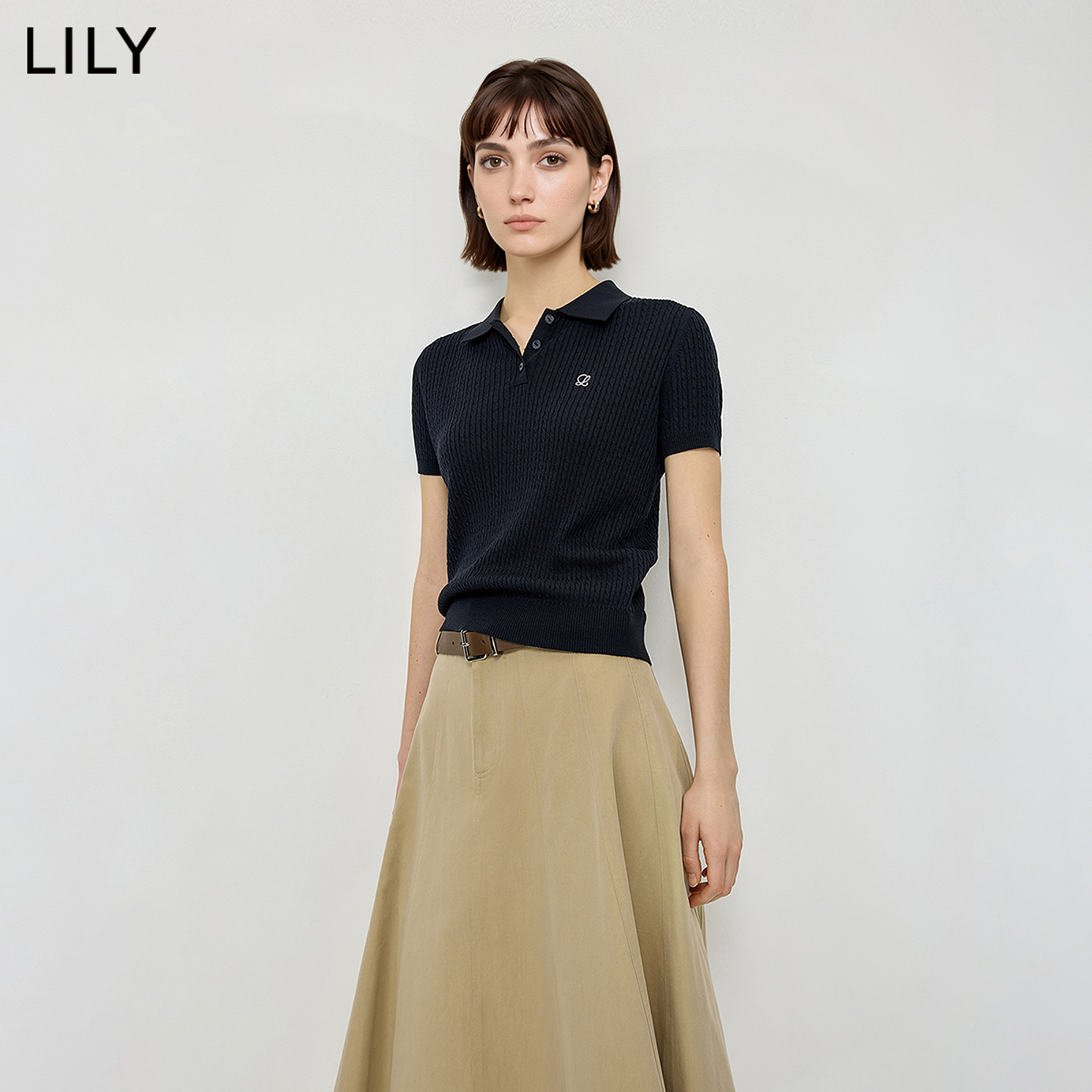 LILY夏新莱赛尔亚麻POLO针织衫