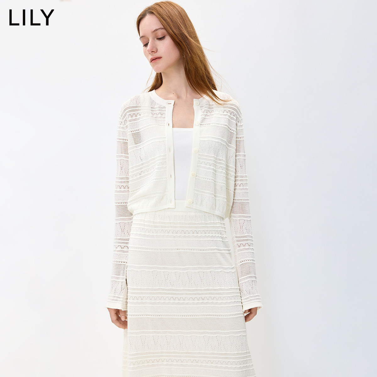 LILY2026秋新款女装莱赛尔混纺休闲通勤薄款白色长袖针织开衫外套