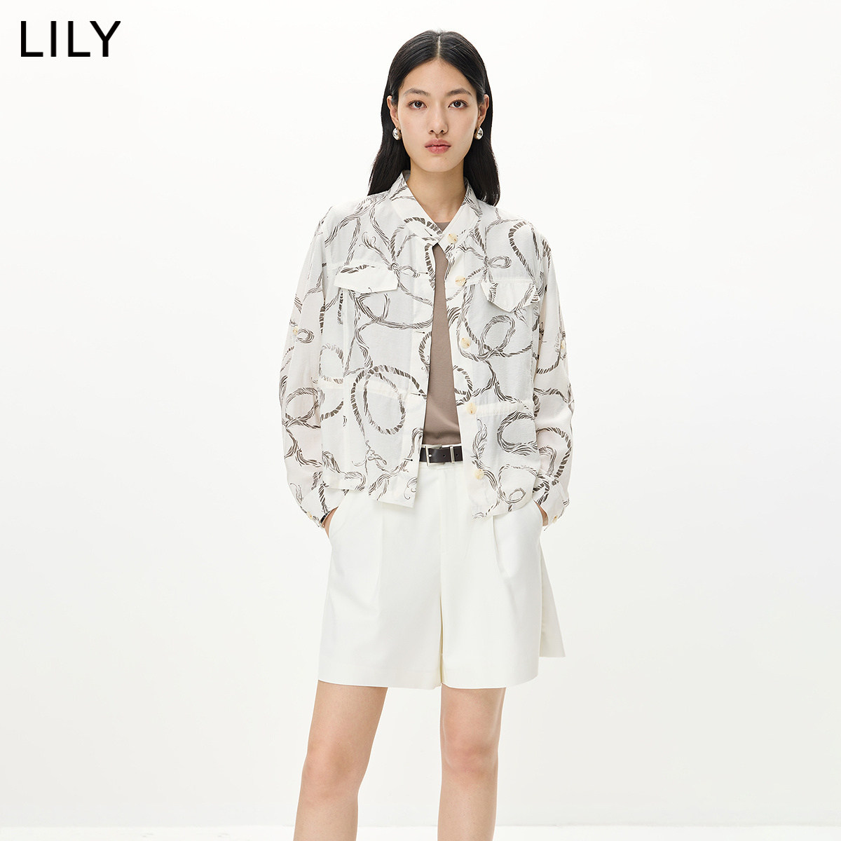 LILY2026夏新款醋酸混纺法式复古印花宽松休闲通勤薄款长袖外套女