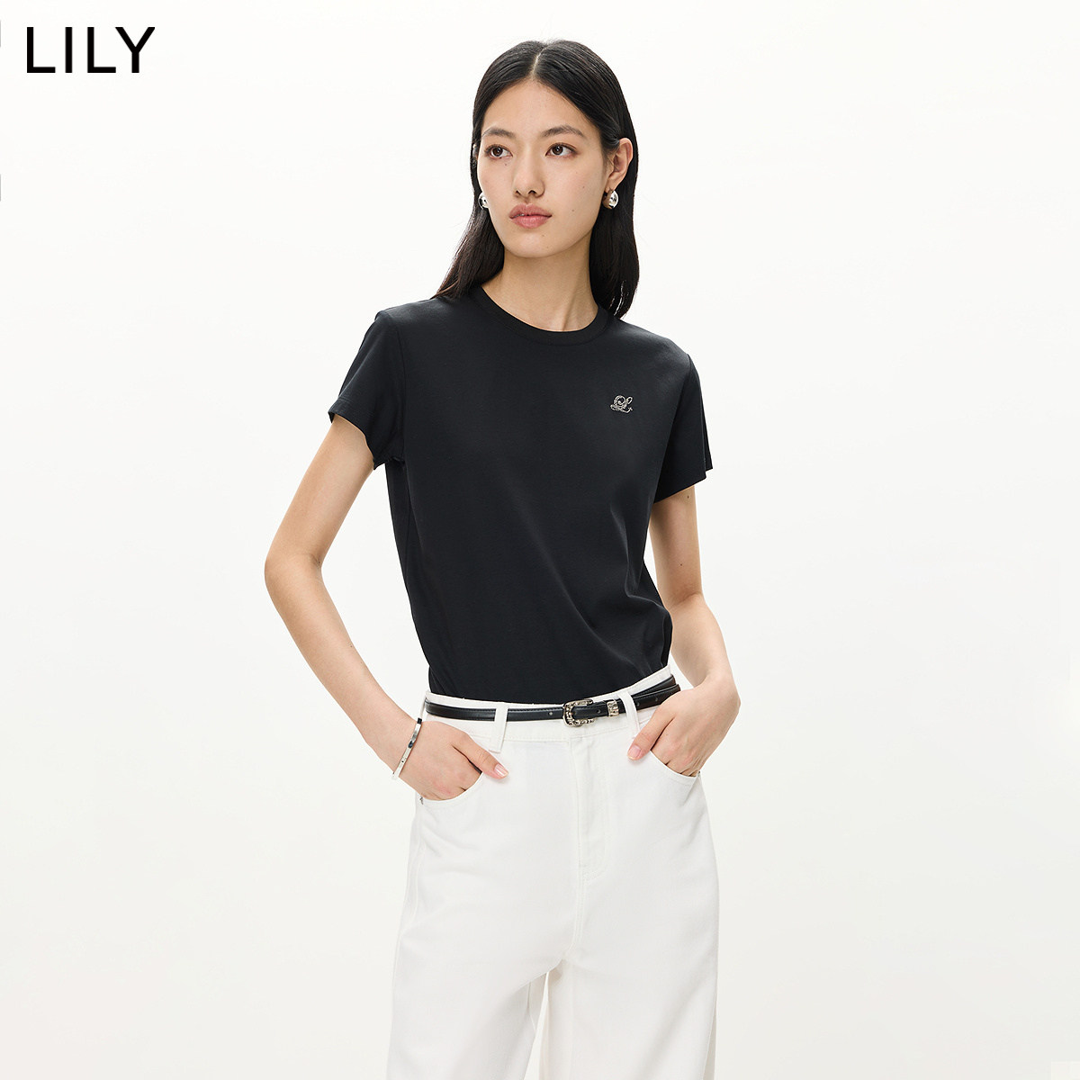 LILY2026夏新款简约纯色正肩休闲圆领百搭通勤套头短袖T恤上衣女