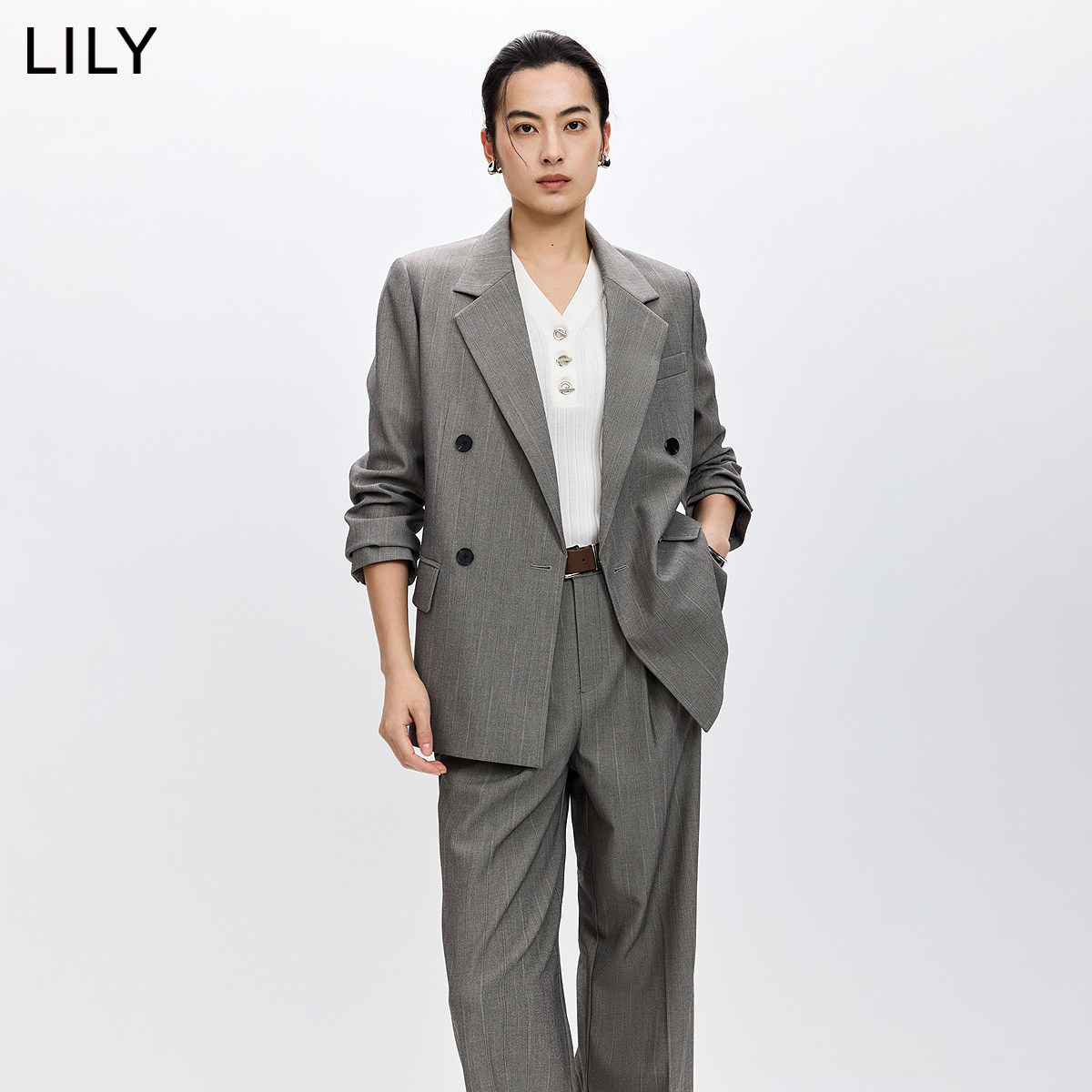 LILY2026春新款复古老钱风格雷系条纹廓形宽松休闲通勤西装外套女
