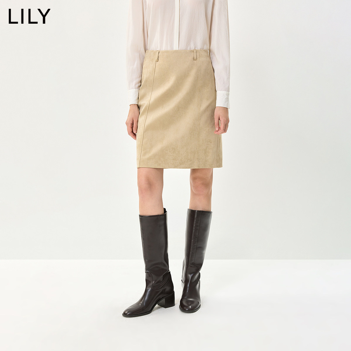 LILY2026秋新款女装简约休闲开叉通勤百搭奶黄色直筒裙半身裙短裙