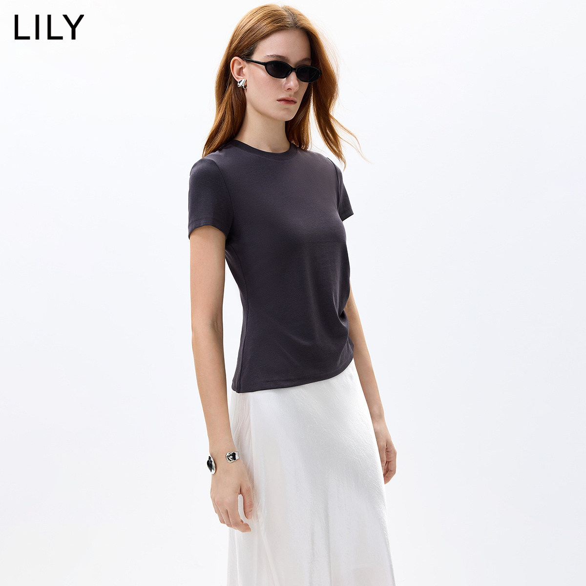 LILY秋新莱赛尔混纺收腰短袖T恤