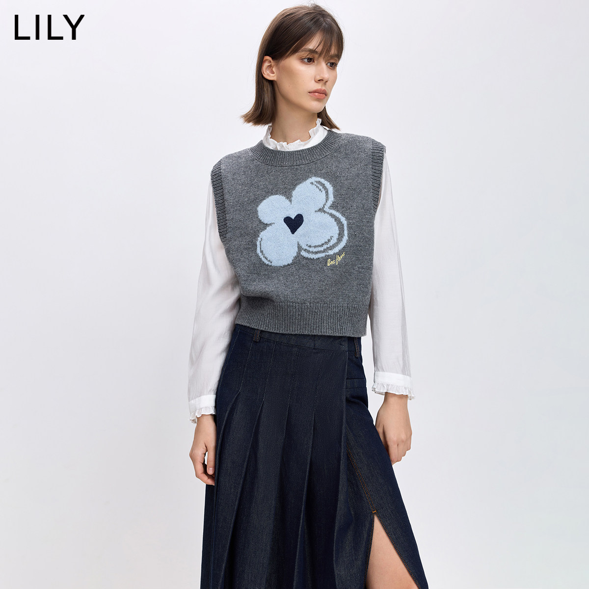 LILY2026春新款女装羊毛混纺格雷系幸运花嵌花灰色针织衫背心马甲