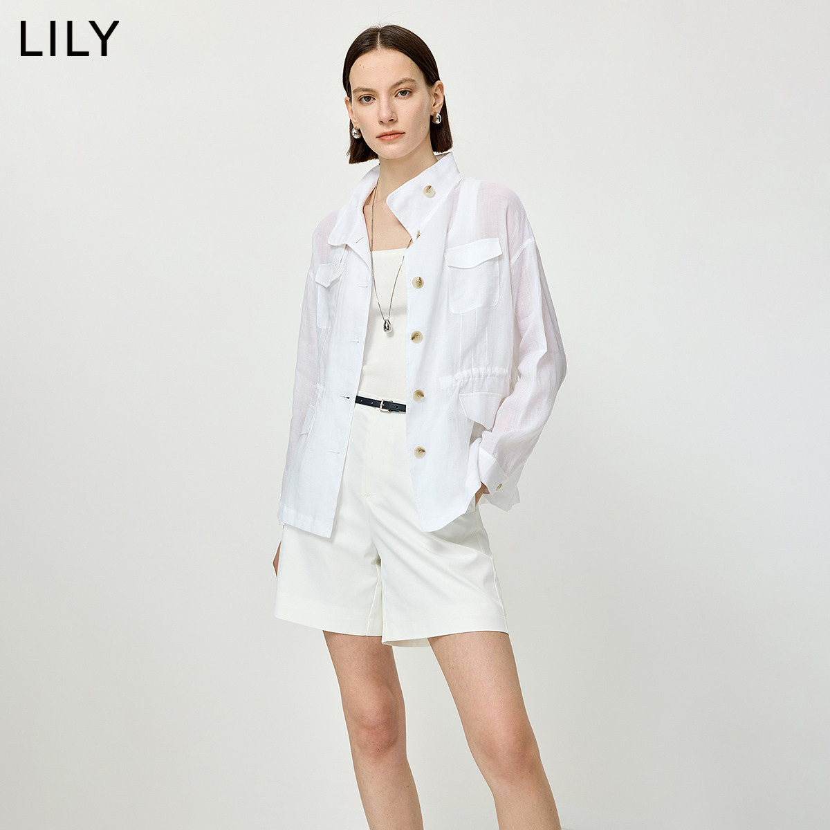 100%苎麻LILY2026夏新款女装老钱风立领收腰休闲通勤白色风衣外套