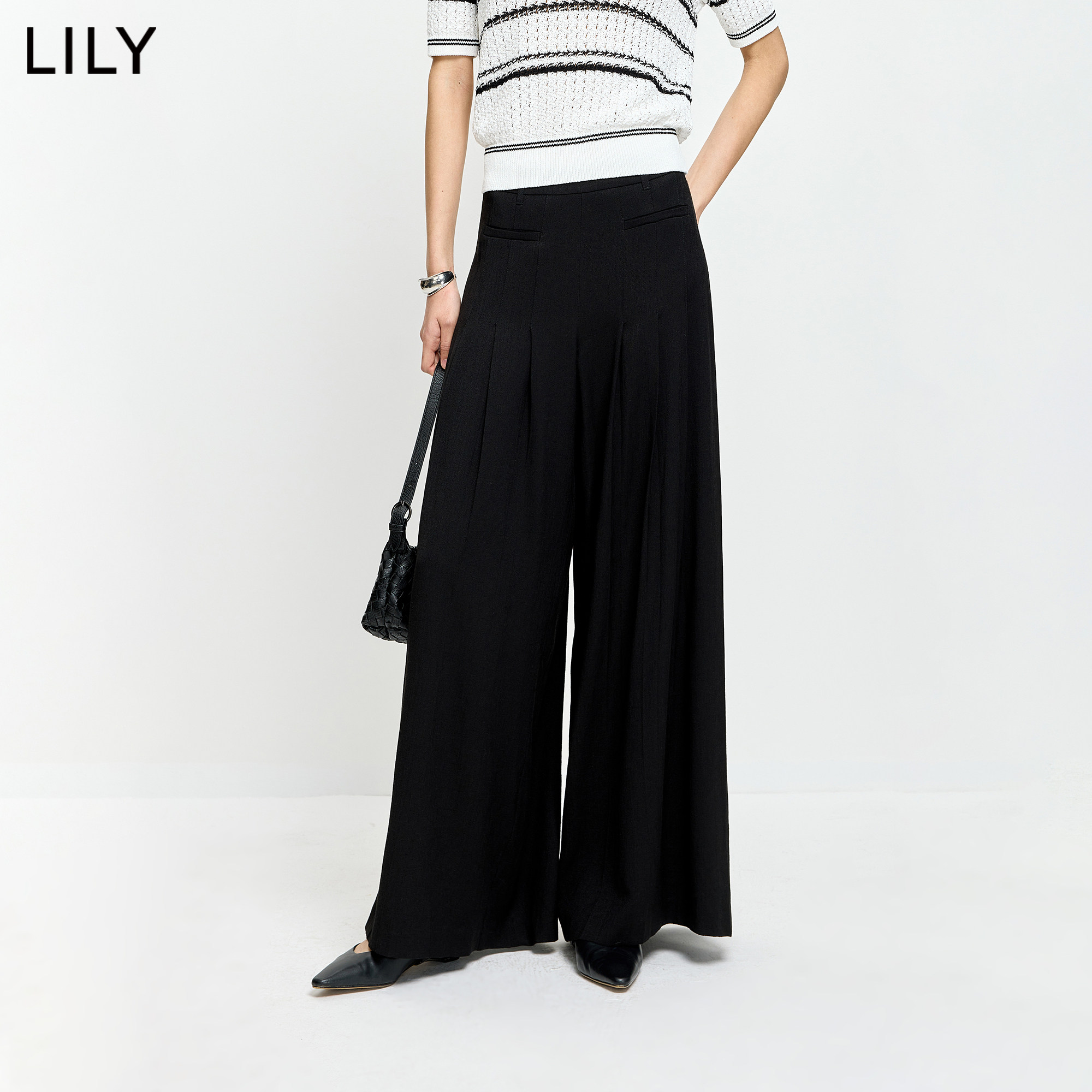 LILY2026夏新款女装含亚麻复古宽松休闲通勤黑色百褶裙裤大阔腿裤