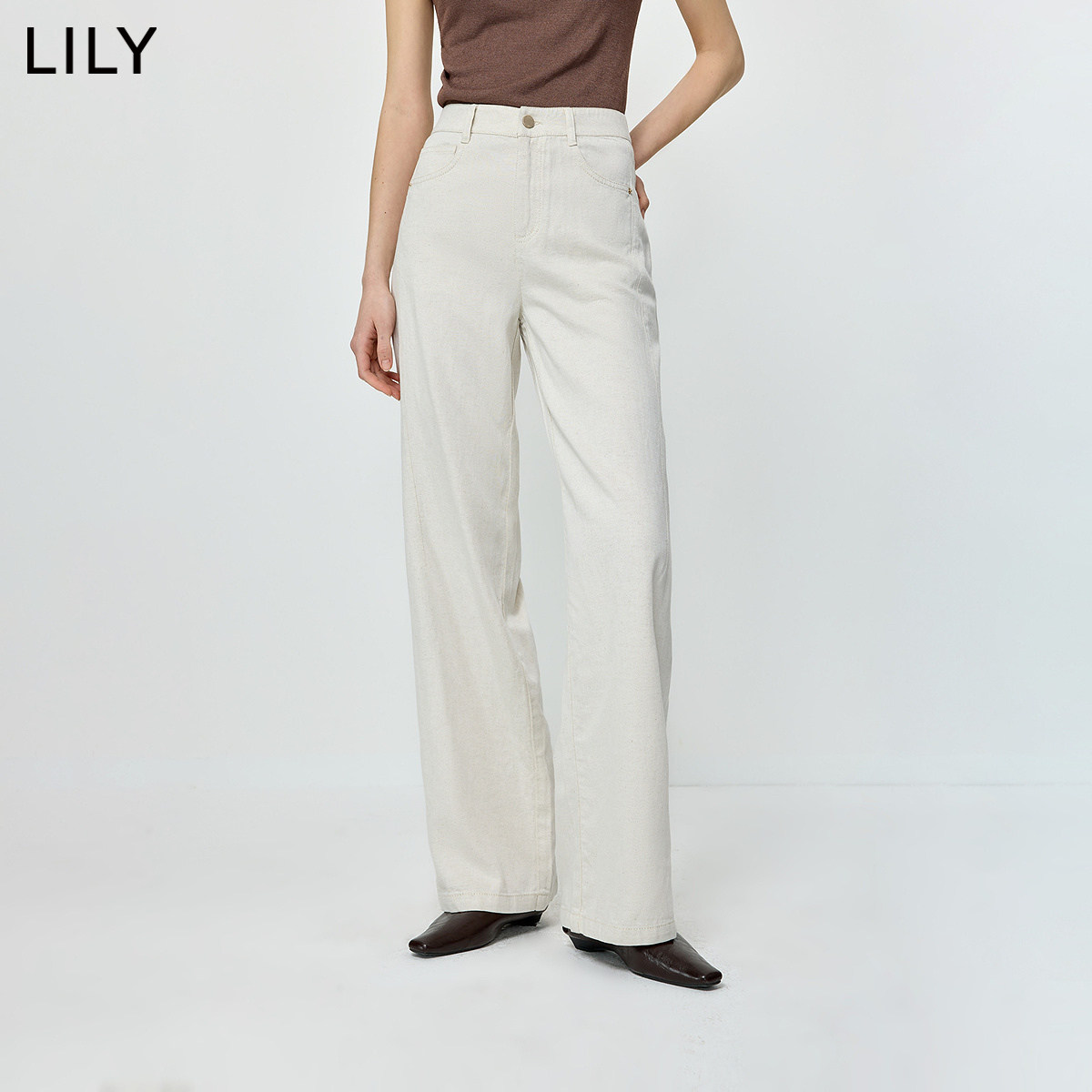 LILY2026夏新款女装莱赛尔亚麻混纺简约宽松通勤白色直筒裤牛仔裤