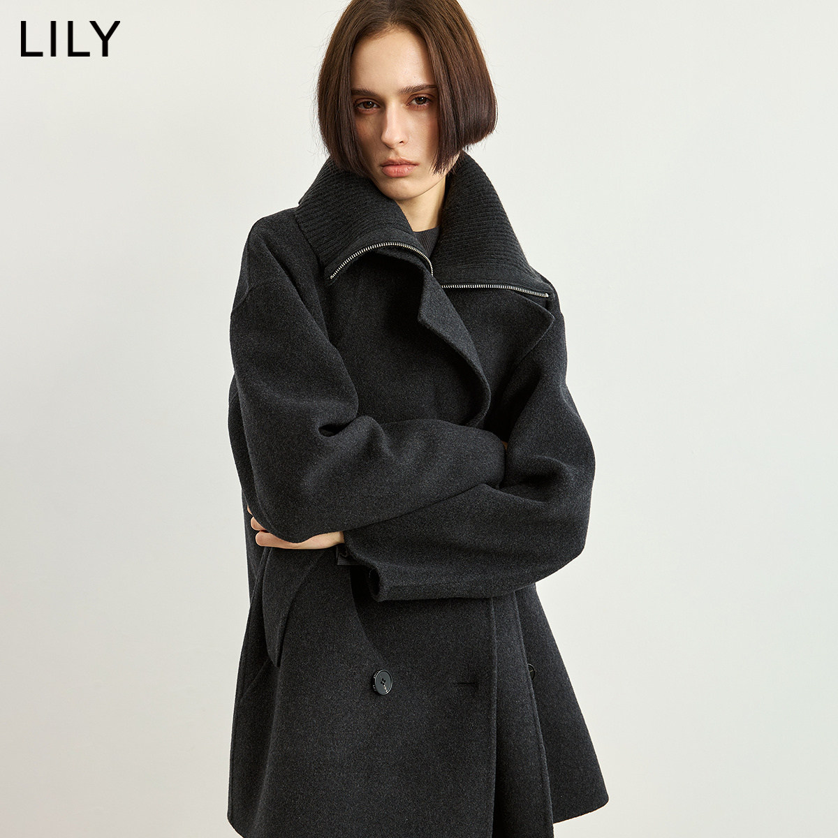 LILY冬新款羊毛混纺双面呢外套