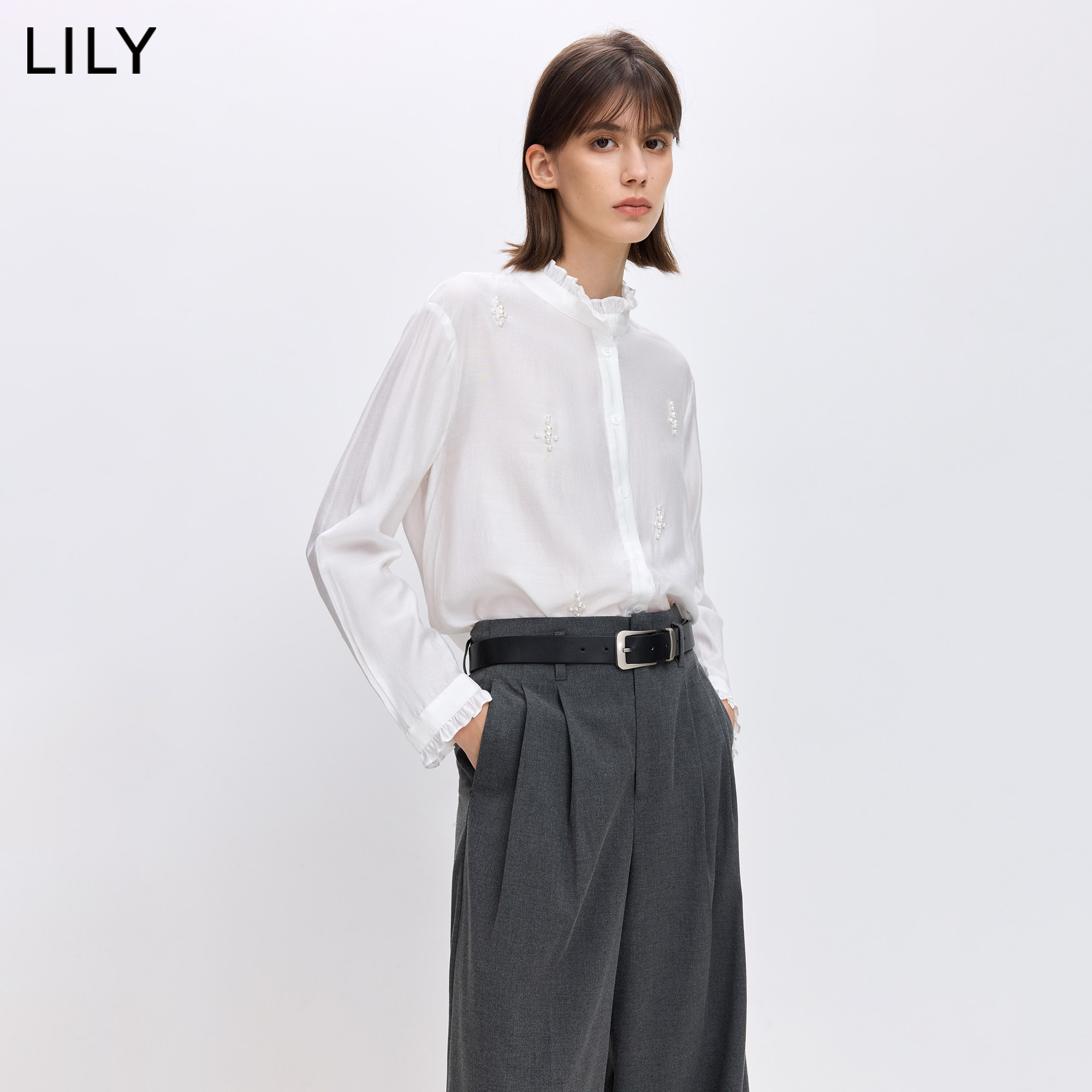 LILY2026春新款简约法式珍珠钉珠荷叶边垂感气质通勤米白色衬衫女