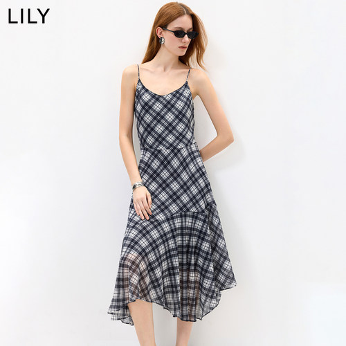 LILY2026秋新款女装复古U领撞色格纹印花垂感气质通勤吊带连衣裙