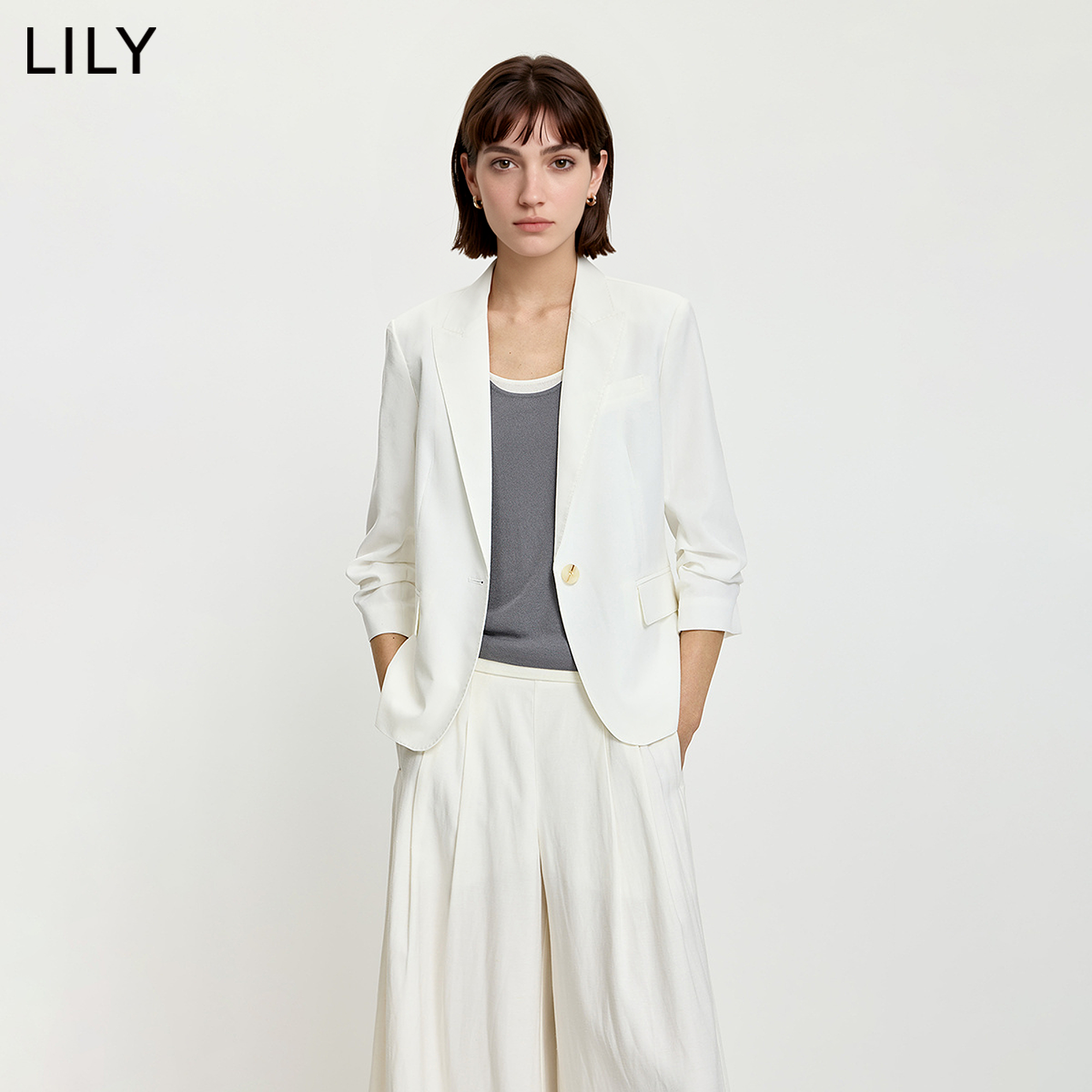 LILY2026夏新款女装莱赛尔亚麻混纺老钱收腰气质通勤浅色西装外套