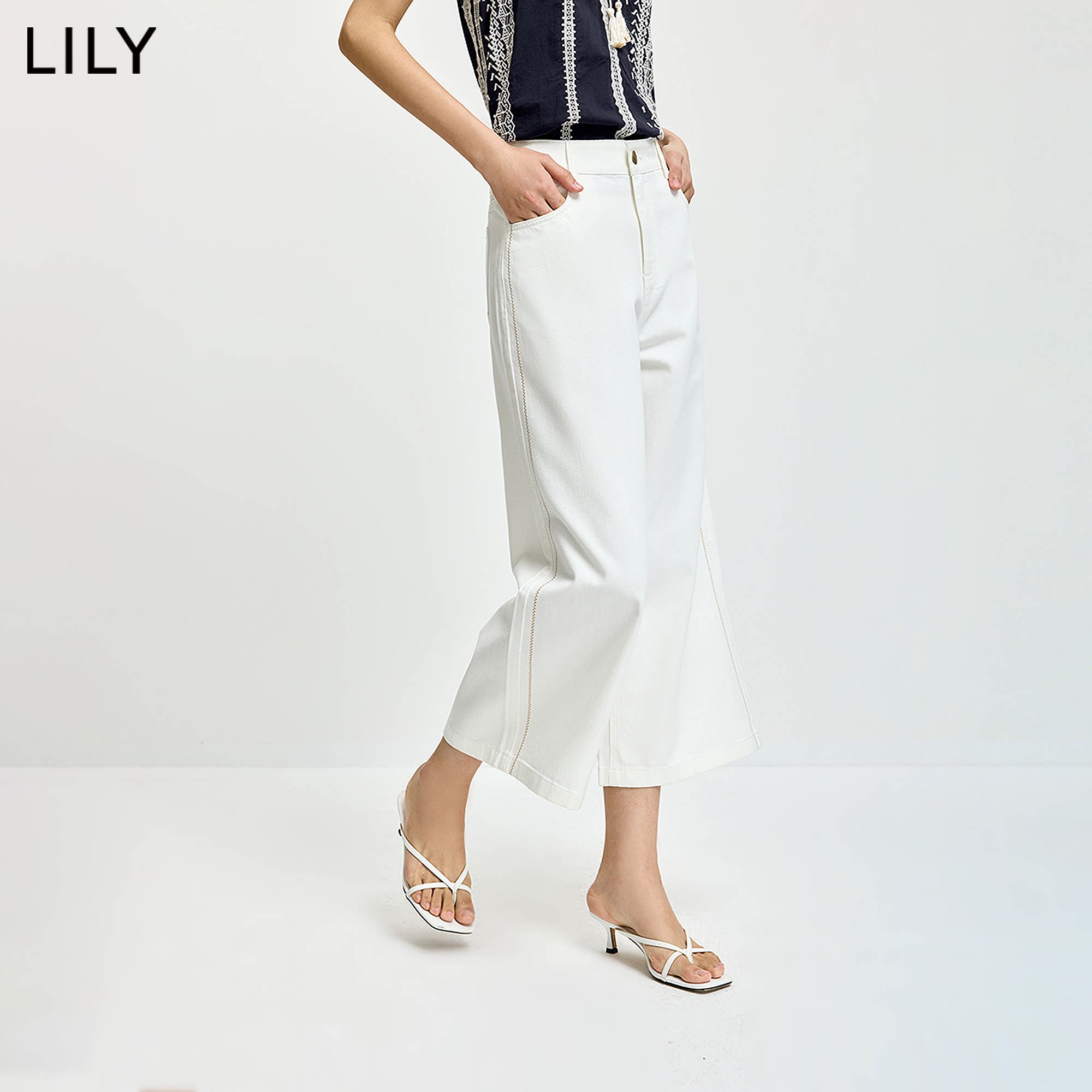 LILY2026夏新款女装莱赛尔棉混纺简约直筒阔腿裤通勤七分裤牛仔裤