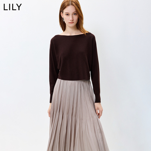 LILY2026秋新款女装复古一字肩蝙蝠袖宽松休闲通勤深色套头针织衫