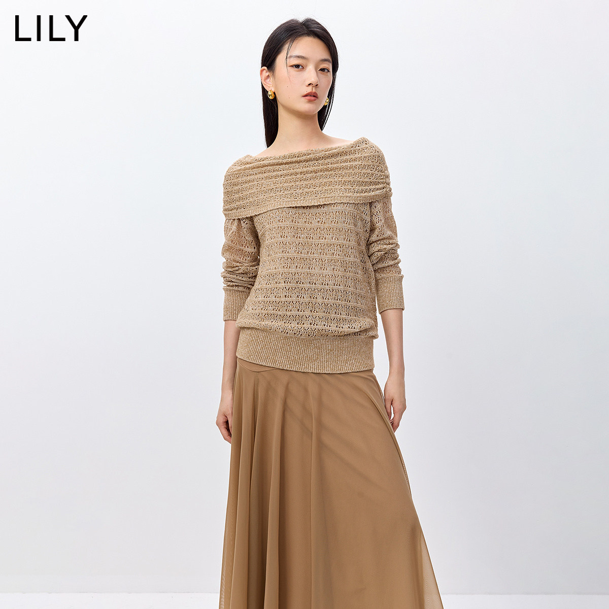 LILY2026春新款含羊毛羊驼毛设计感复古一字肩针织衫连衣裙纱裙女