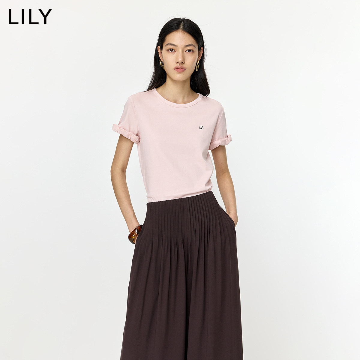 LILY2026夏新款莫代尔棉混纺设计感正肩休闲通勤粉色短袖T恤女