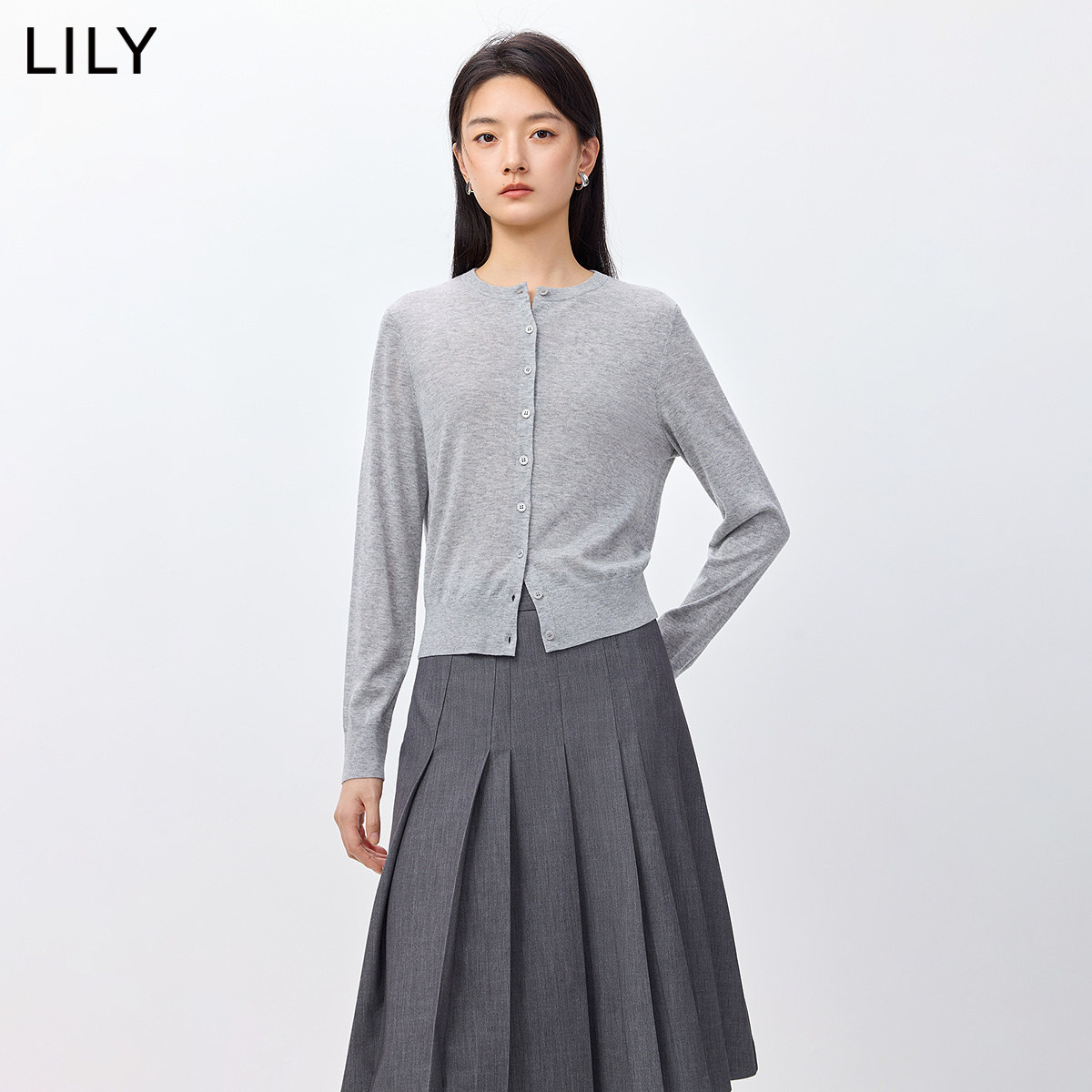 LILY2026春新款女装含羊毛休闲通勤百搭浅色薄款圆领针织开衫外套