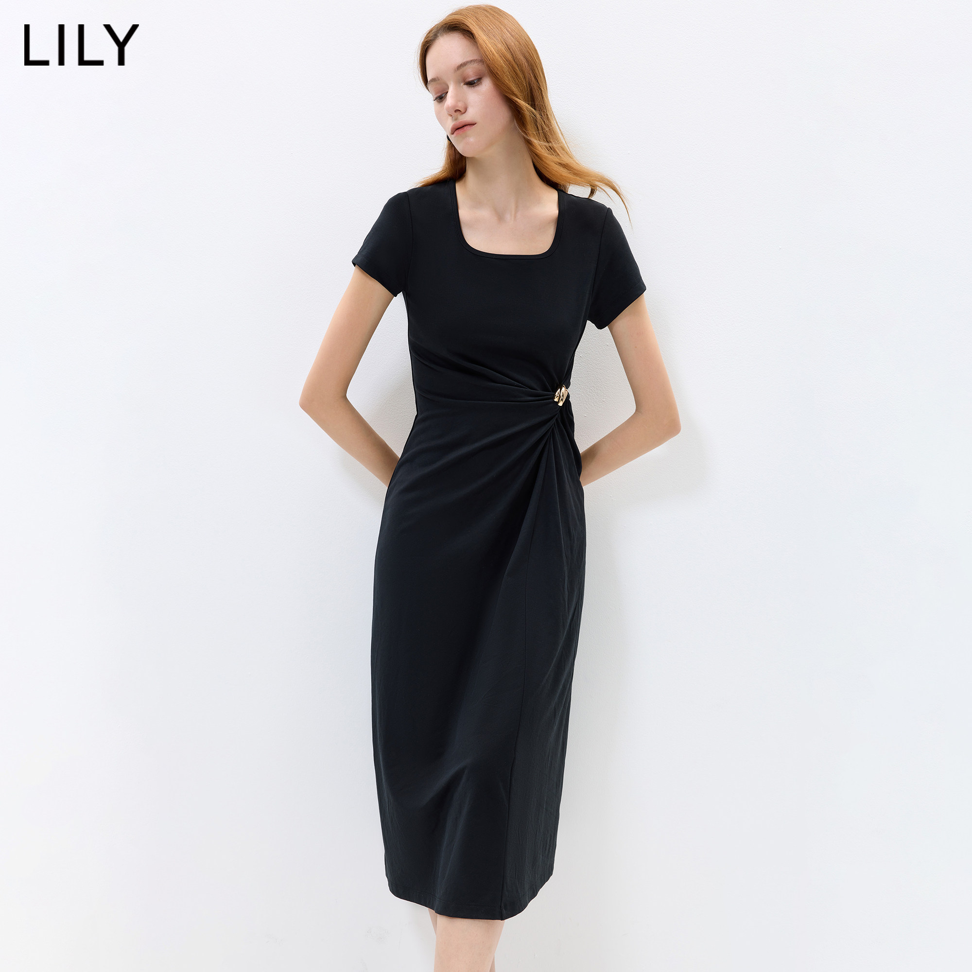 LILY夏新莱赛尔混纺收腰连衣裙