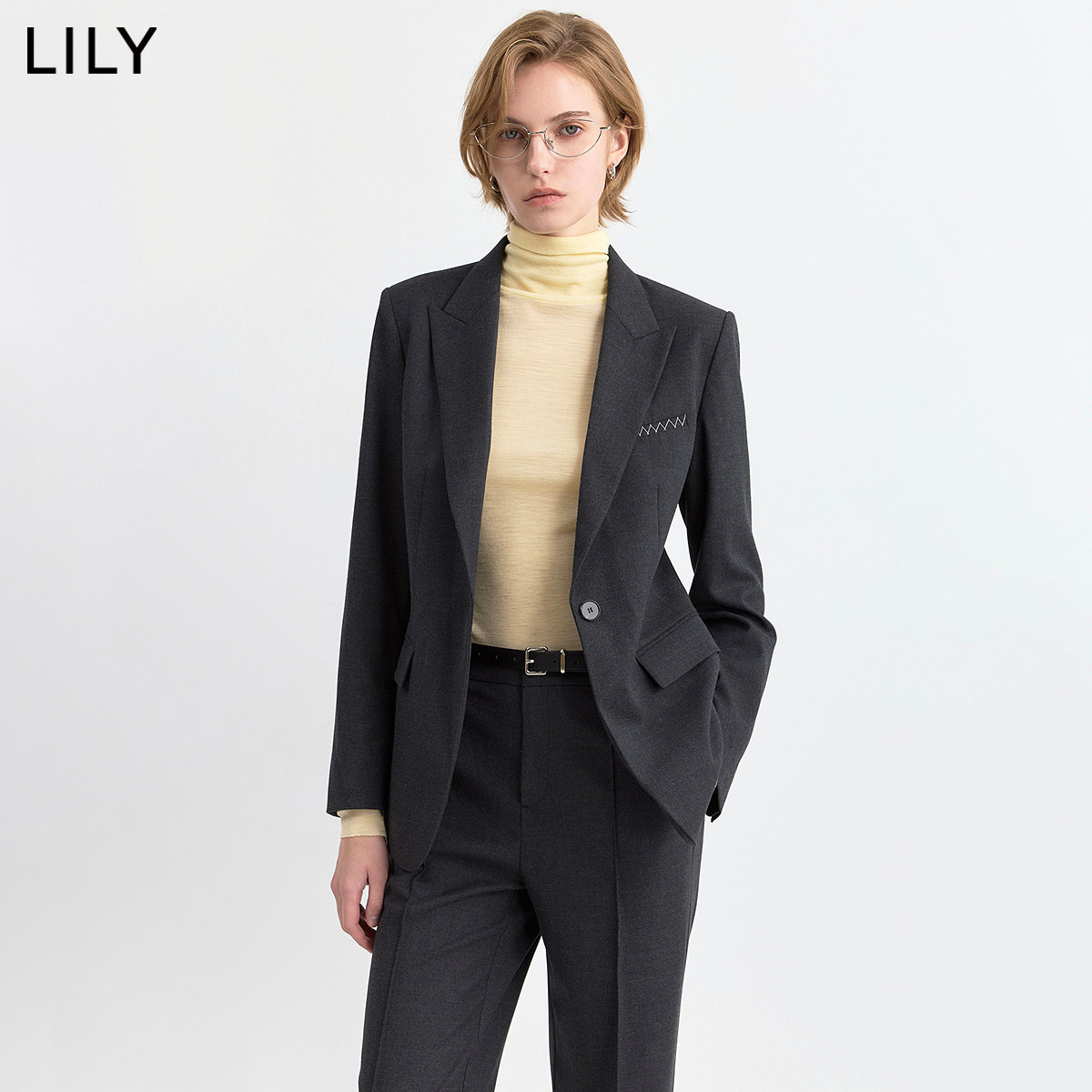 LILY2026冬新款女装格雷系复古戗驳领收腰休闲轻商务西装西服外套