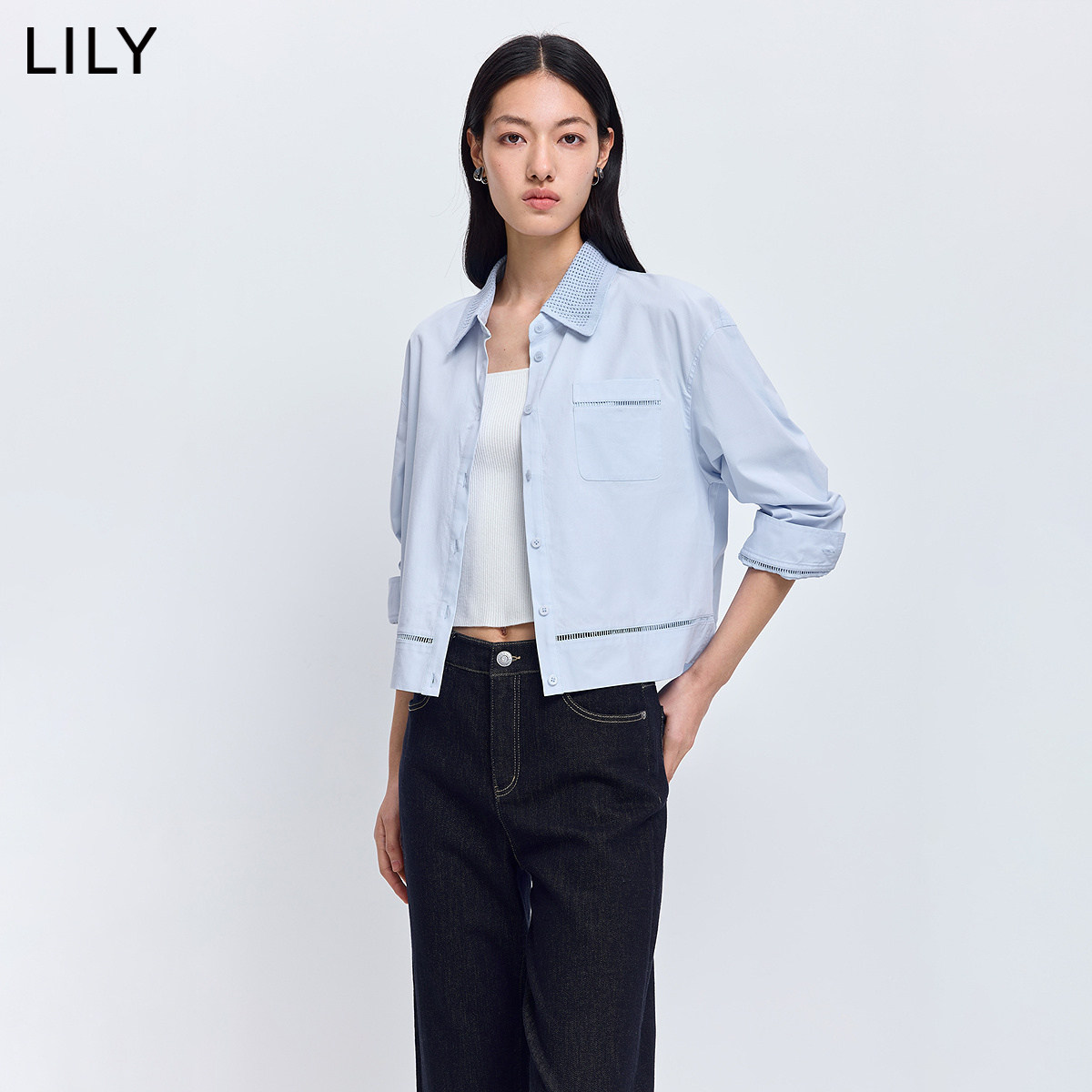 LILY2026春新款女装设计感法式针织翻领落肩休闲通勤蓝色衬衫外套