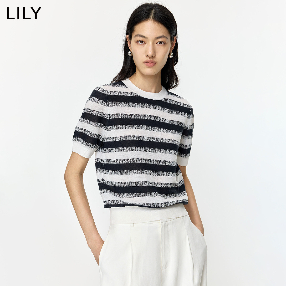 LILY2026夏新款含莱赛尔亚麻撞色条纹肌理感圆领套头短袖针织衫女