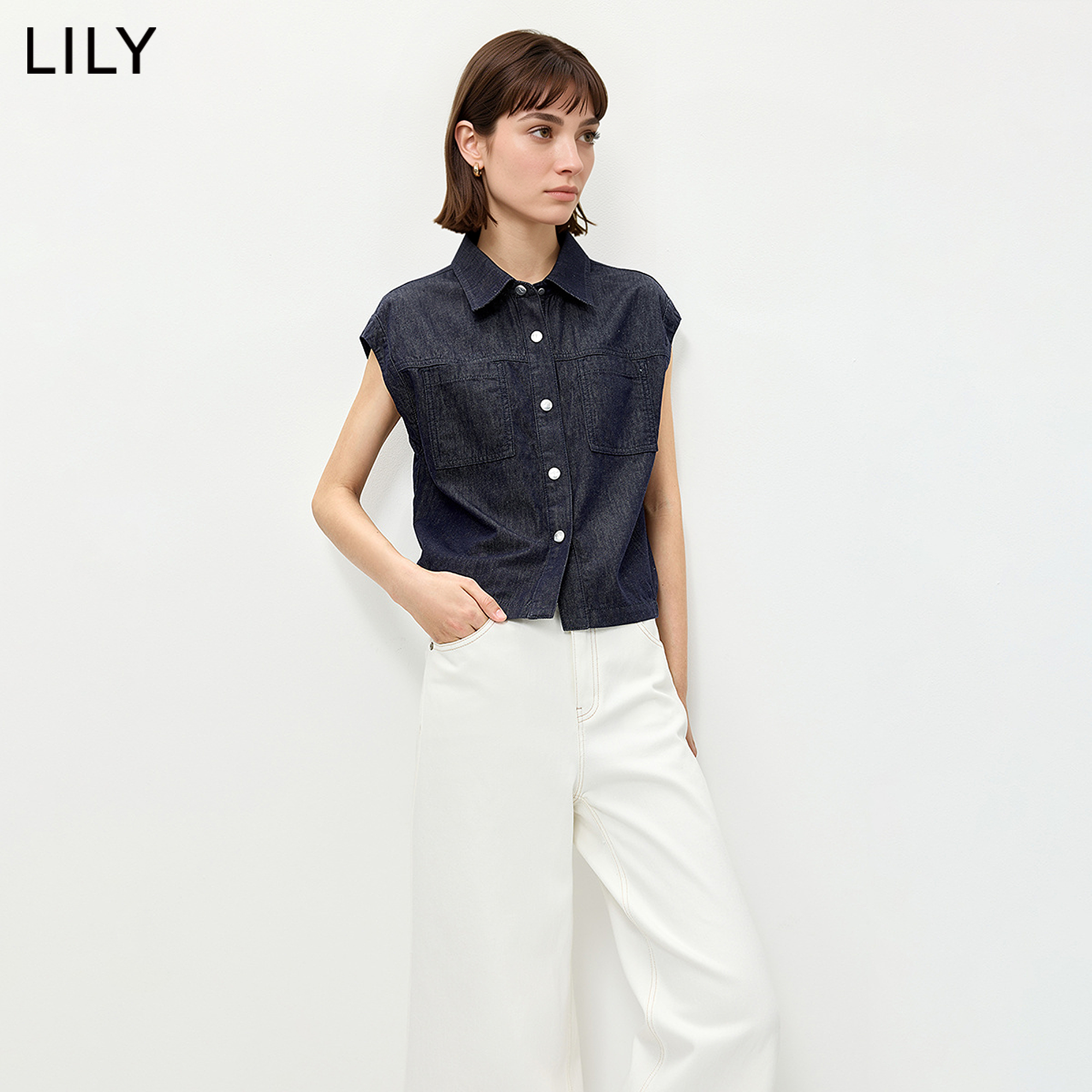 LILY2026夏新款女装含莱赛尔醋酸坎肩翻领通勤藏青色牛仔衬衫外套