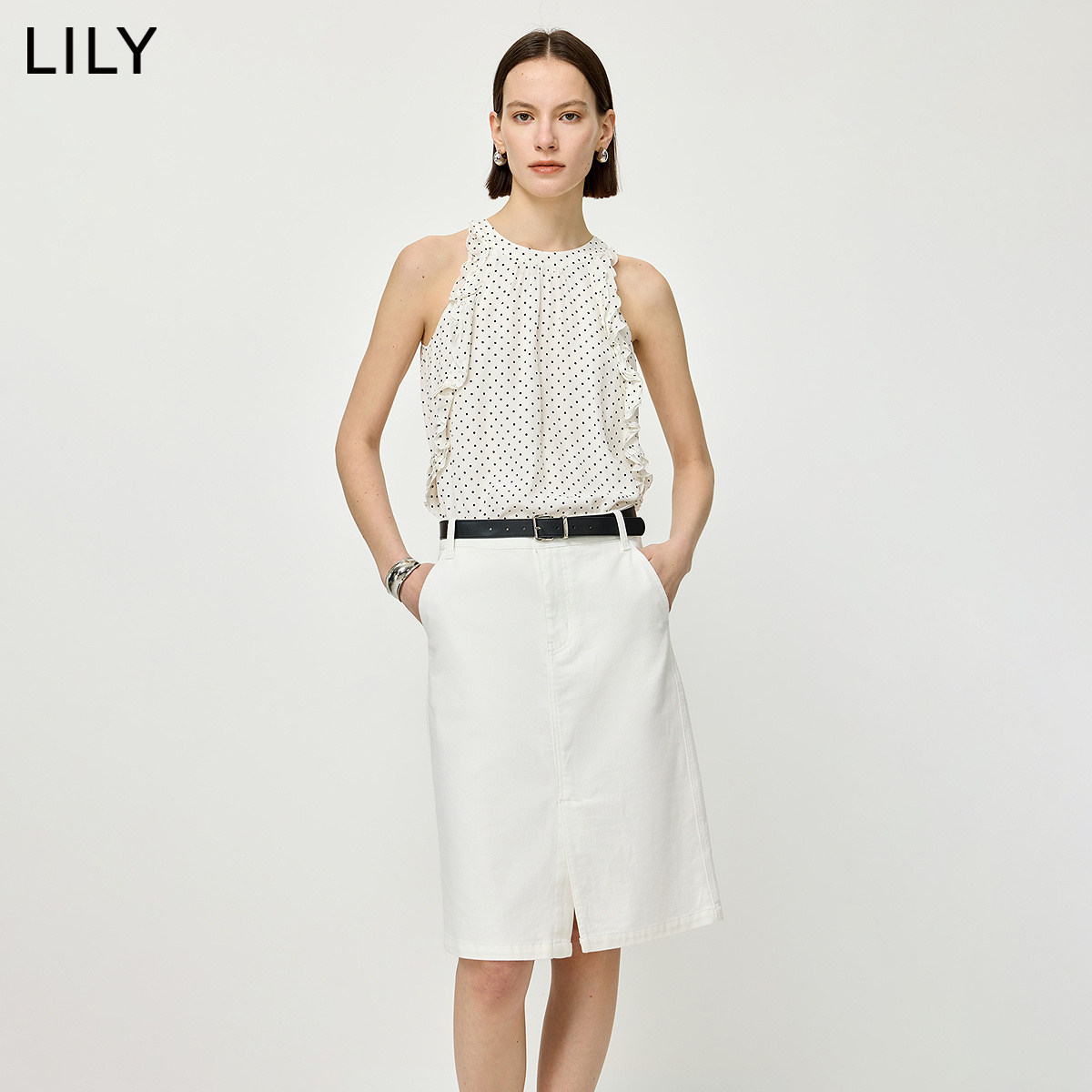 LILY2026夏新款女装法式复古波点荷叶边气质通勤挂脖上衣雪纺衫女