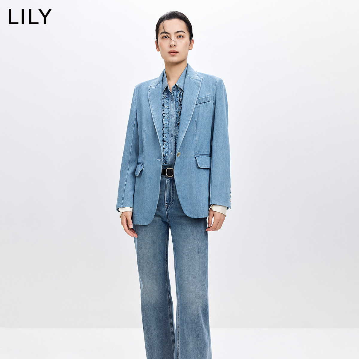 LILY2026春新款女装莱赛尔混纺复古廓形宽松休闲通勤蓝色西装外套