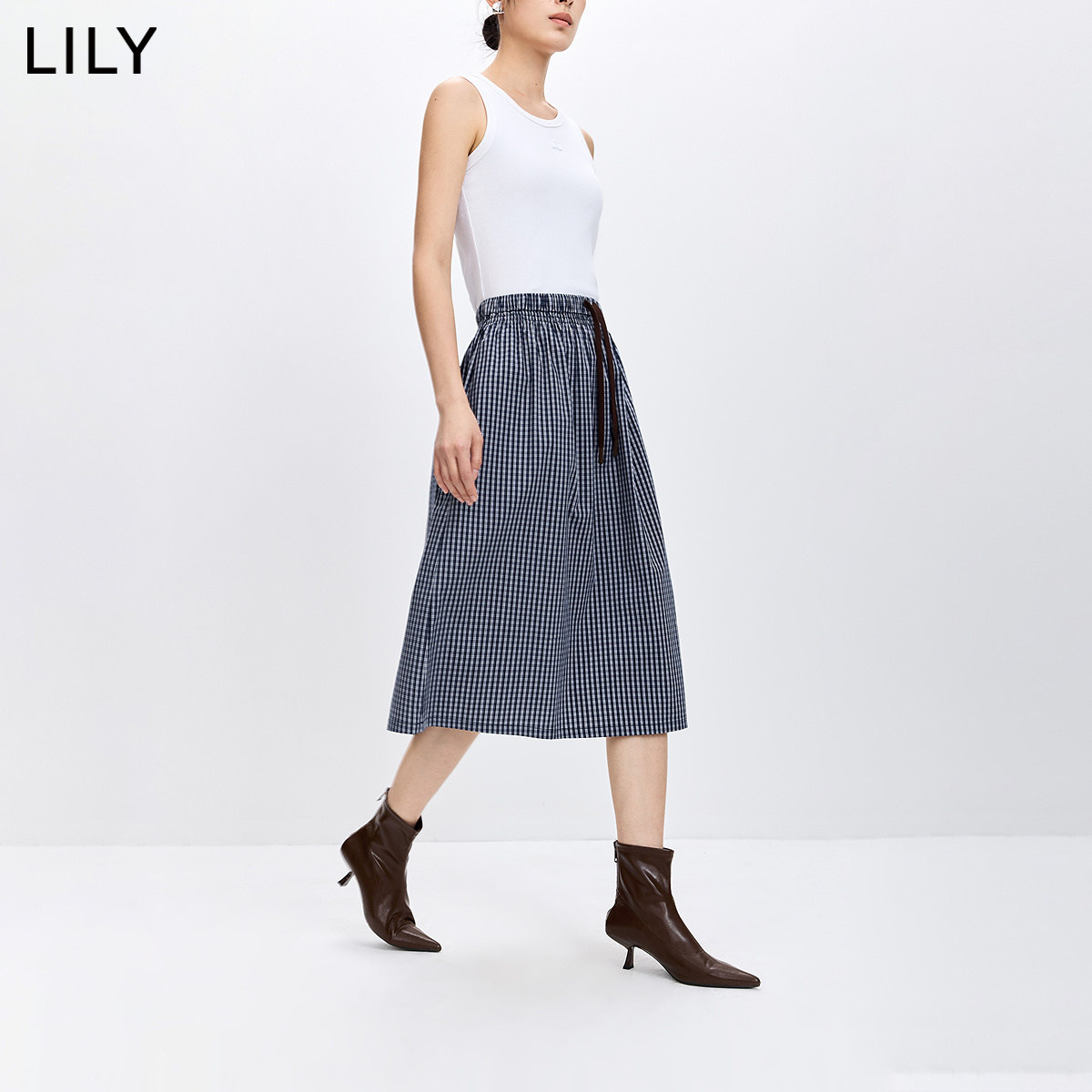 LILY2026春新款女装复古格纹A字裙休闲通勤橡筋收腰伞裙半身裙