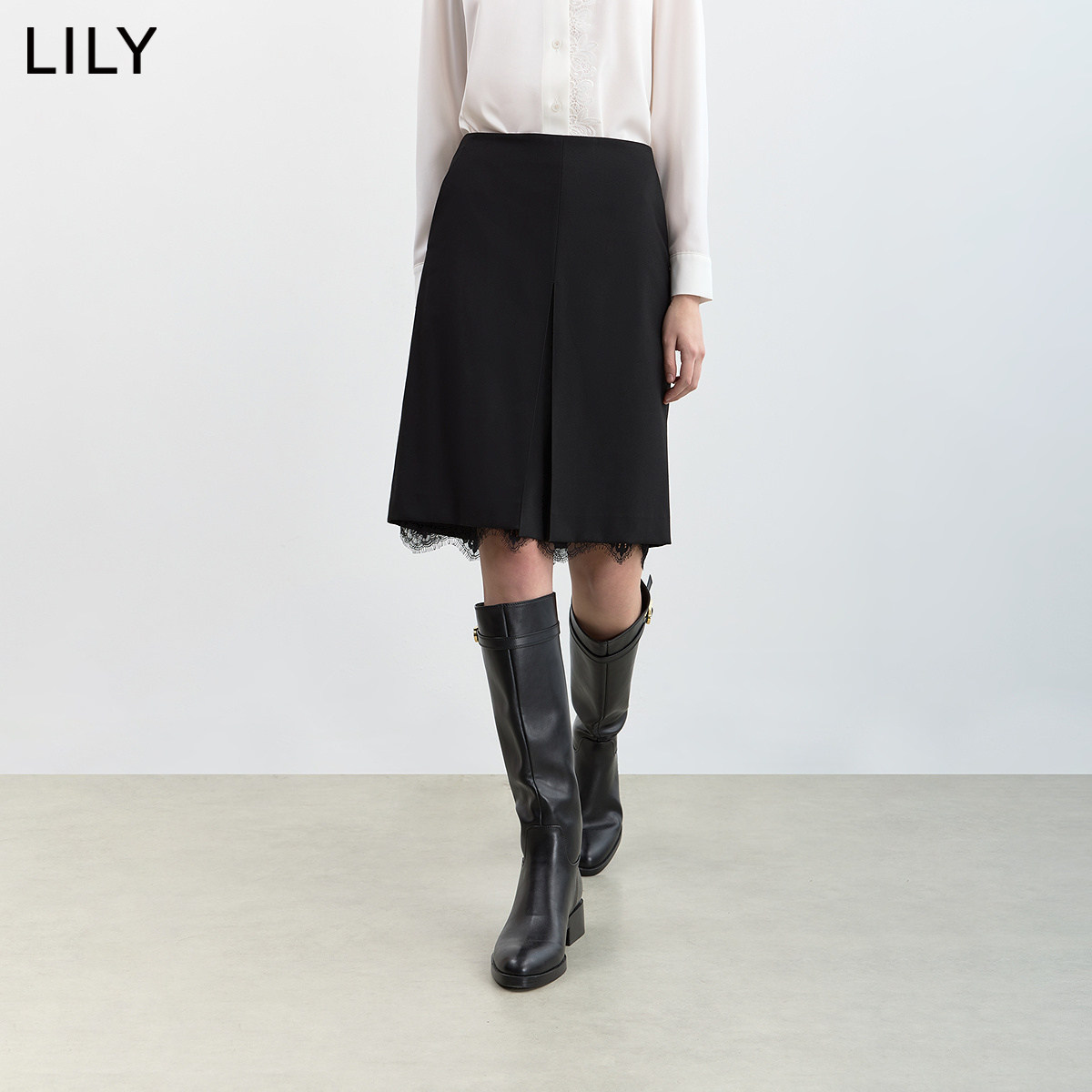 LILY2026冬新款女装复古设计感蕾丝休闲气质通勤黑色直筒裙半身裙