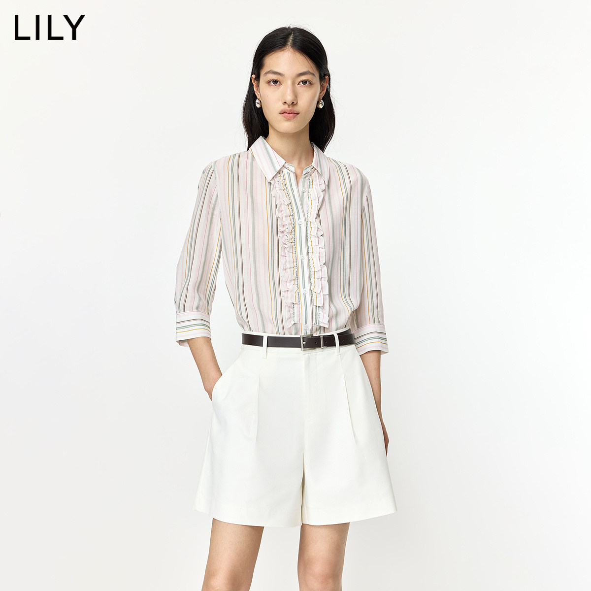 LILY2026夏新款莱赛尔亚麻混纺松弛感条纹木耳边翻领七分袖衬衫女