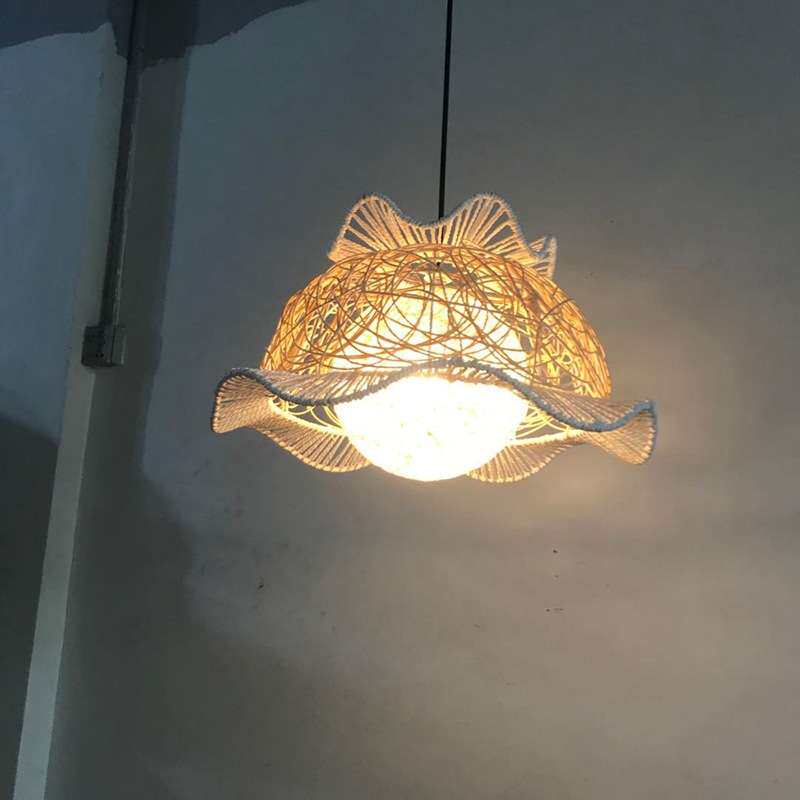 新中式火锅店农家乐装饰竹编灯罩个性复古麻绳铁艺藤艺三合一吊灯