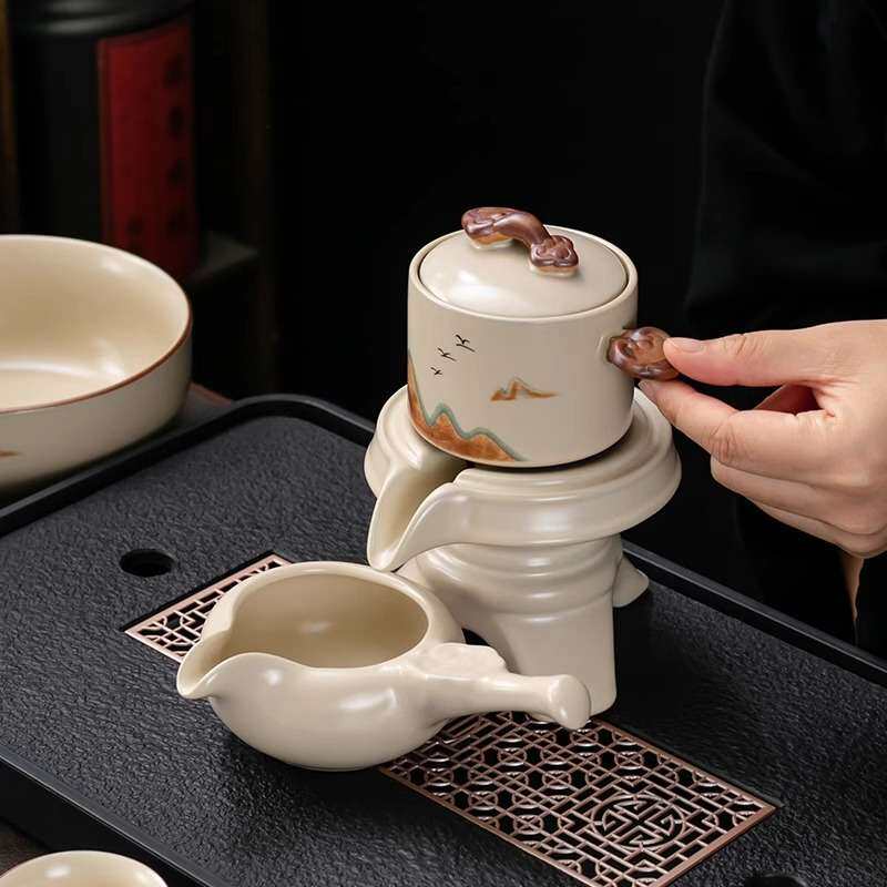 汝窑自动茶具套装旋转出水懒人功夫泡茶器防烫石磨茶具家用一整套