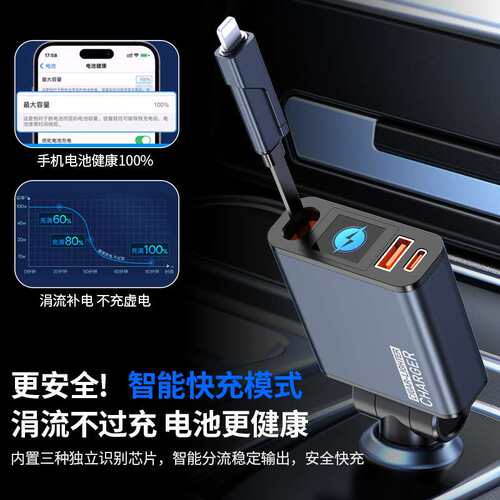 跨境车载爆款充电器伸缩线数显超级快充一拖三66W双头