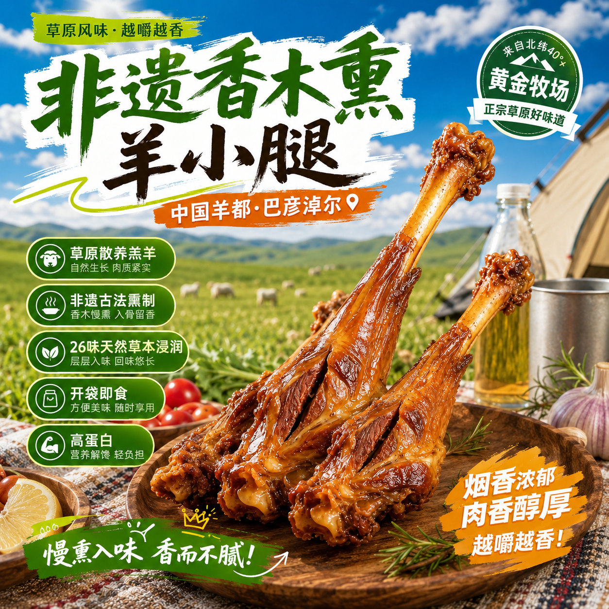 羊六六内蒙非遗熏羊小腿香木草本烟熏熟食羊肉高蛋白下酒零食食品