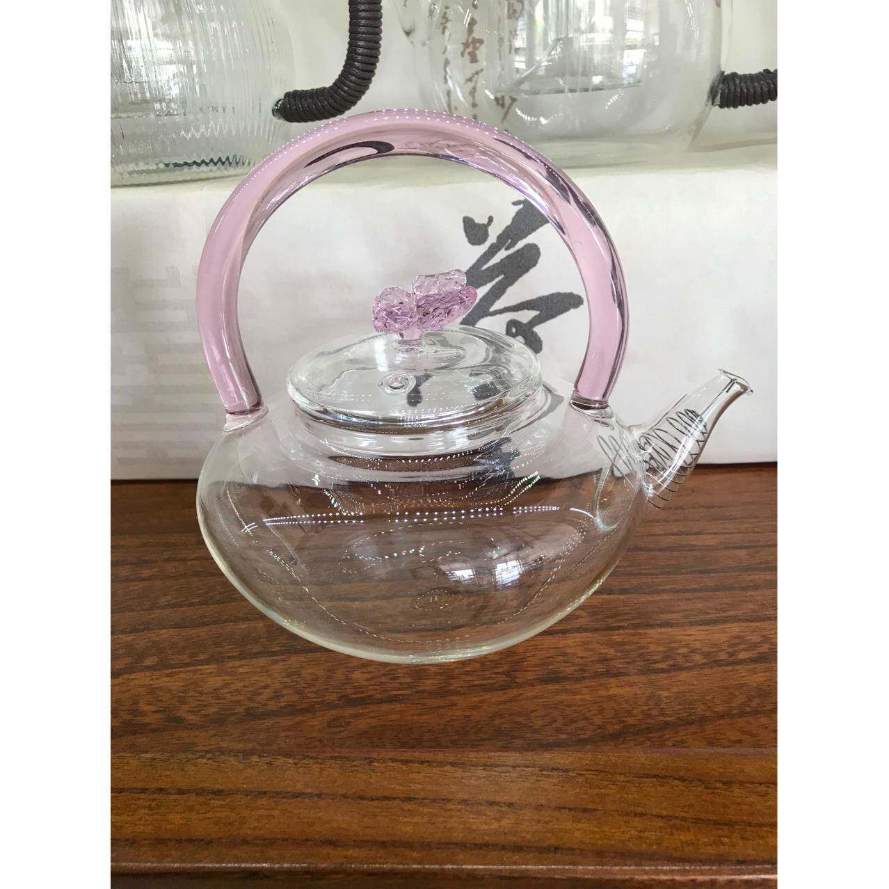 高硼硅玻璃手工制作粉把手提梁壶粉色蝴蝶精致玻璃壶功夫玻璃茶器