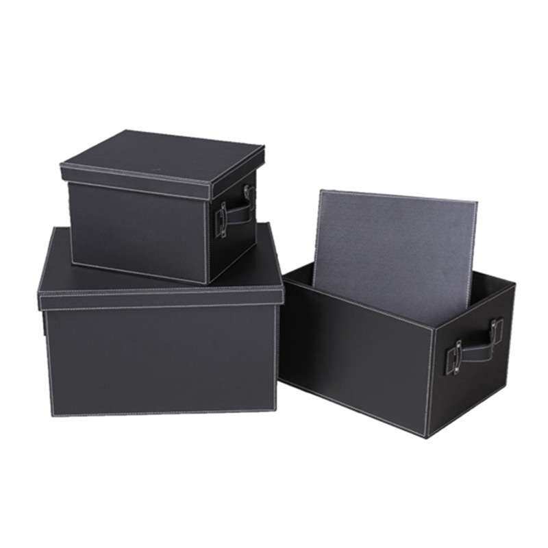 家用皮革收纳箱 PU皮质3件套收纳套箱 黑色物品整理箱组织者