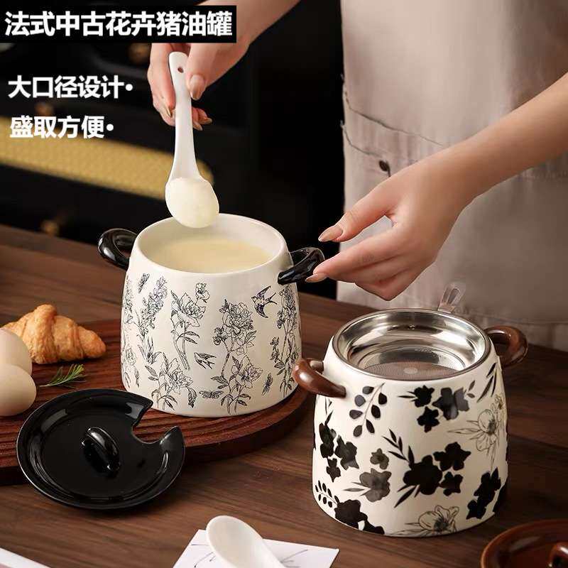 猪油罐陶瓷釉下彩家用大号耐高温调料盒调料罐瓶厨房辣椒油荤油罐
