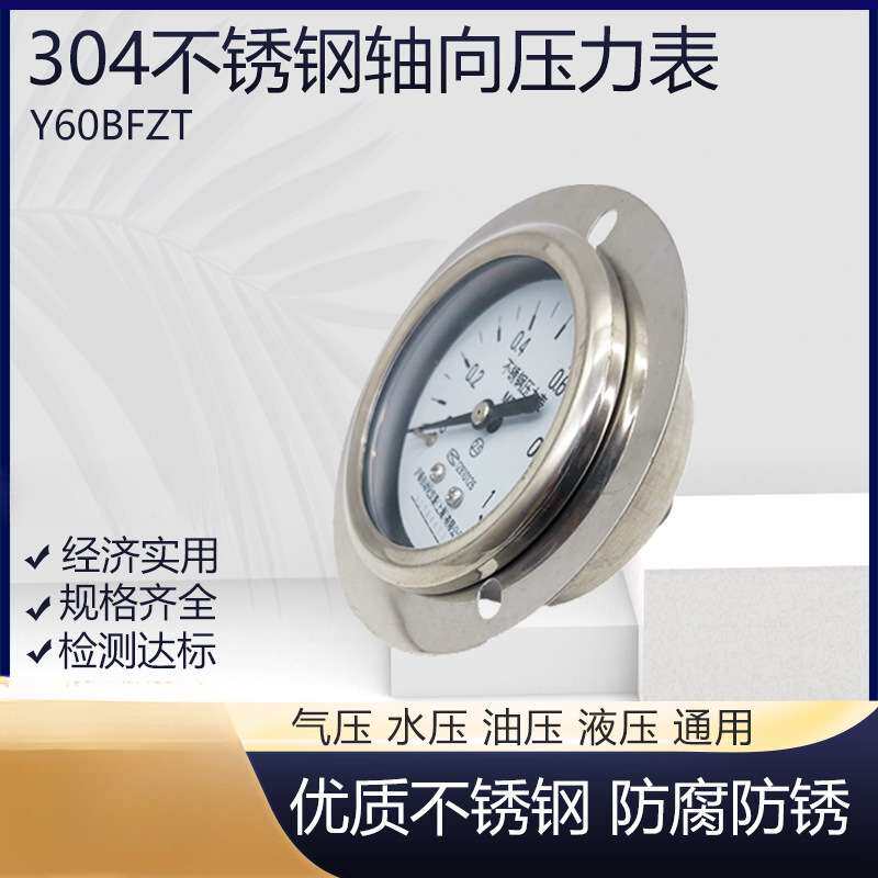 304不锈钢轴向带边压力表Y60BFZT气压水压油压蒸汽压力法兰安装