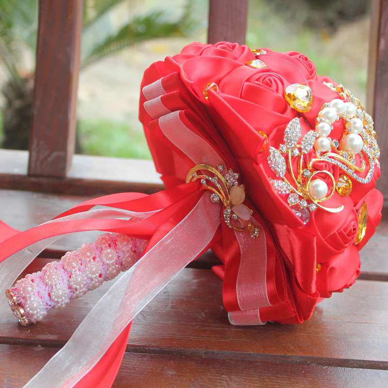 金钻手捧花新品韩版浪漫新娘手捧花束红婚庆花束金水钻花现货W227