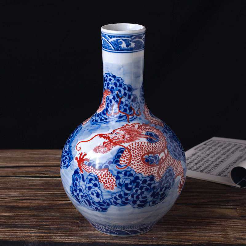 景德镇陶瓷仿古青花釉里红花瓶 中式瓷器家居玄关装饰摆件工艺品