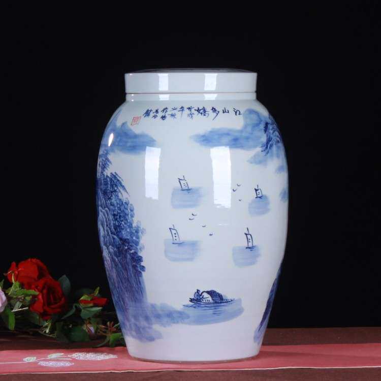 景德镇陶瓷 手绘青花山水陶瓷米缸 江山多娇 油缸 酒缸50斤装