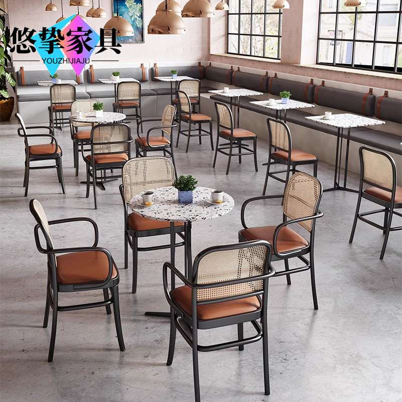东南亚风咖啡厅编藤卡座沙发铁椅大理石桌椅组合复古餐厅餐桌桌椅