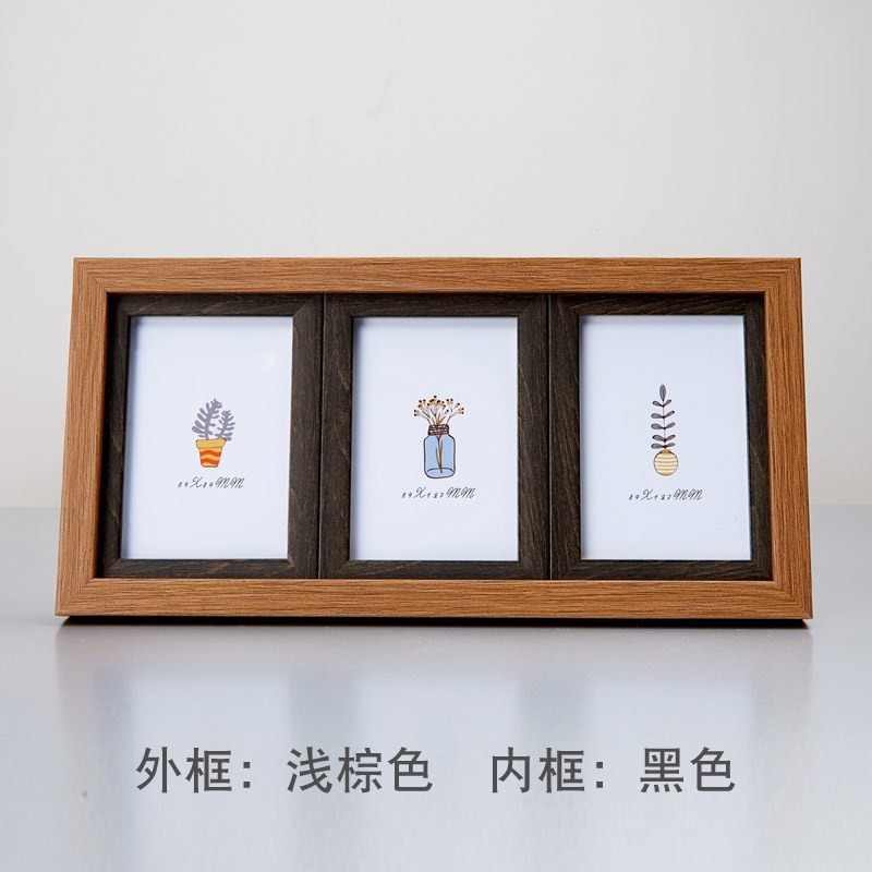 A6L三连框5寸6寸7寸儿童简约连体相框木纹宝宝照片组合挂墙韩版摆