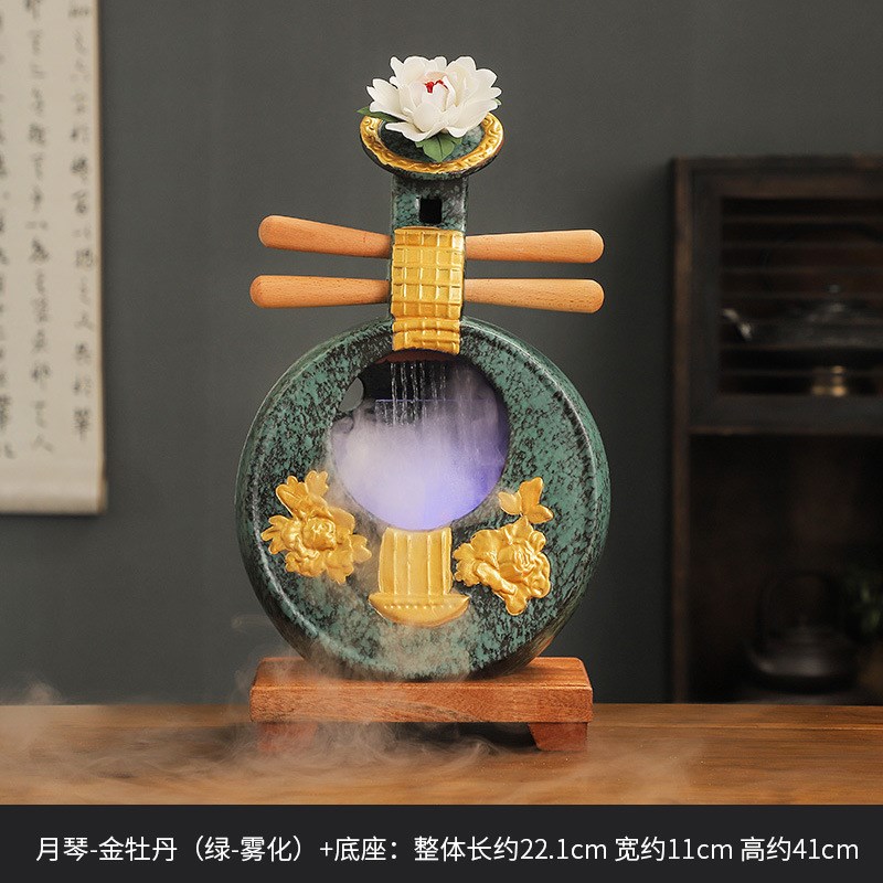 中式流水摆件循环水吉他琵琶古典乐器复古加湿器陶瓷装饰品茶桌面