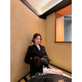 GiiDee邓小航【巴赫旧事】黑色翻领毛呢外套女正肩修身显瘦上衣秋