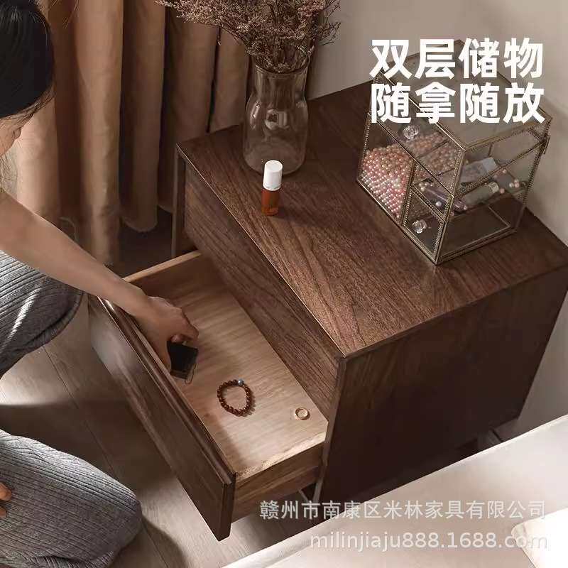 黑胡桃木全实木床头柜中式简约现代卧室储物柜家用小型床边收纳柜