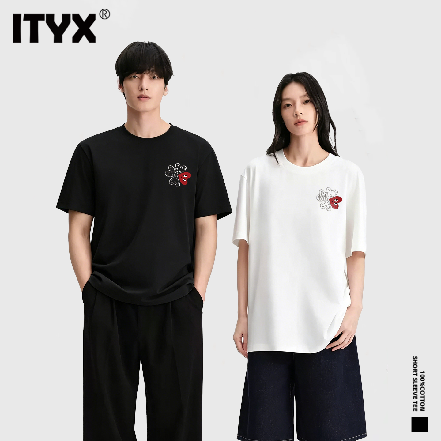 潮牌I.TYX官方正品爱心印花短袖男女同款休闲重磅纯棉240gT恤