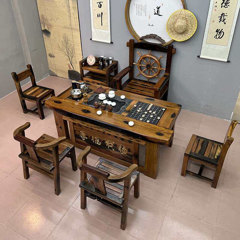 老船木实木茶桌椅组合家用中式古典茶几原木办公异行茶台客厅家具