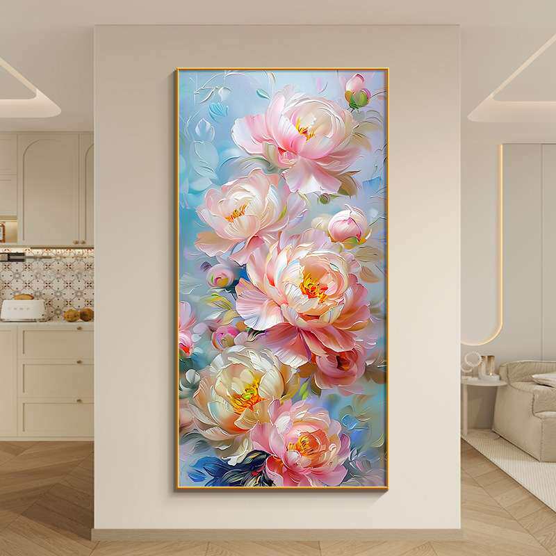牡丹花玄关装饰画奶油风花开富贵入户门正对墙挂画仿油画竖版壁画